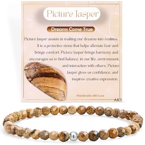Farfume Crystal Beaded Bracelets for Women, 925 Sterling Silver 4mm Bead Chakra Stretch Bracelets, Gemstone Natural Stone Ladies Jewellery Mother's Day Gifts (Picture Jasper)