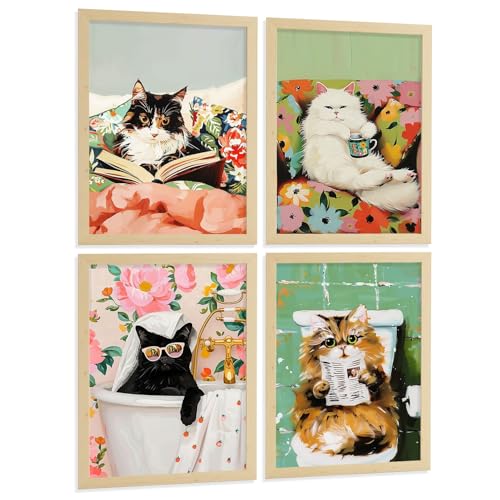 Gatos divertidos para paredes vacías: set de 4 láminas Nacnic A3 para decoración de dormitorios