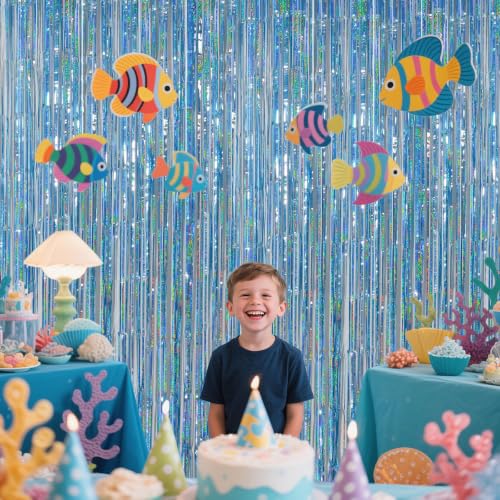 Image of Light Blue Metallic Streamer Backdrop with Glitter Tinsel,3.28 x 6.56ft Foil Fringe Curtains for Gender Reveal & Ocean Theme Wall Hanging Party Supplies, Birthday /Wedding /Photoshoot
