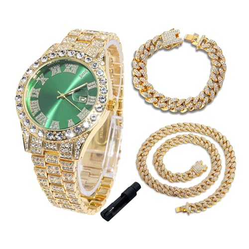 Image of Halukakah Diamonds Gold Watch Iced Out for Boy Teens Kids - 18K Real Gold /Platinum Plated,42mm Blue /Green /Red Dial,Japanese Quartz - 8 inch Length - Optional with Cuban Link Chain,with Watch Adjuster Tool