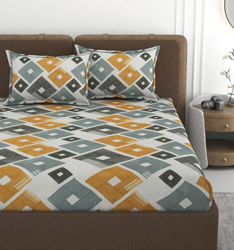 Image of VOMZER 320 TC Cotton Feel All Around Elastic Fitted Bedsheets King Size, Premium Fitted Bedsheets King Size for Double Bed with 2 Pillow Covers, Size- 78 inch x 72 inch Faded Line