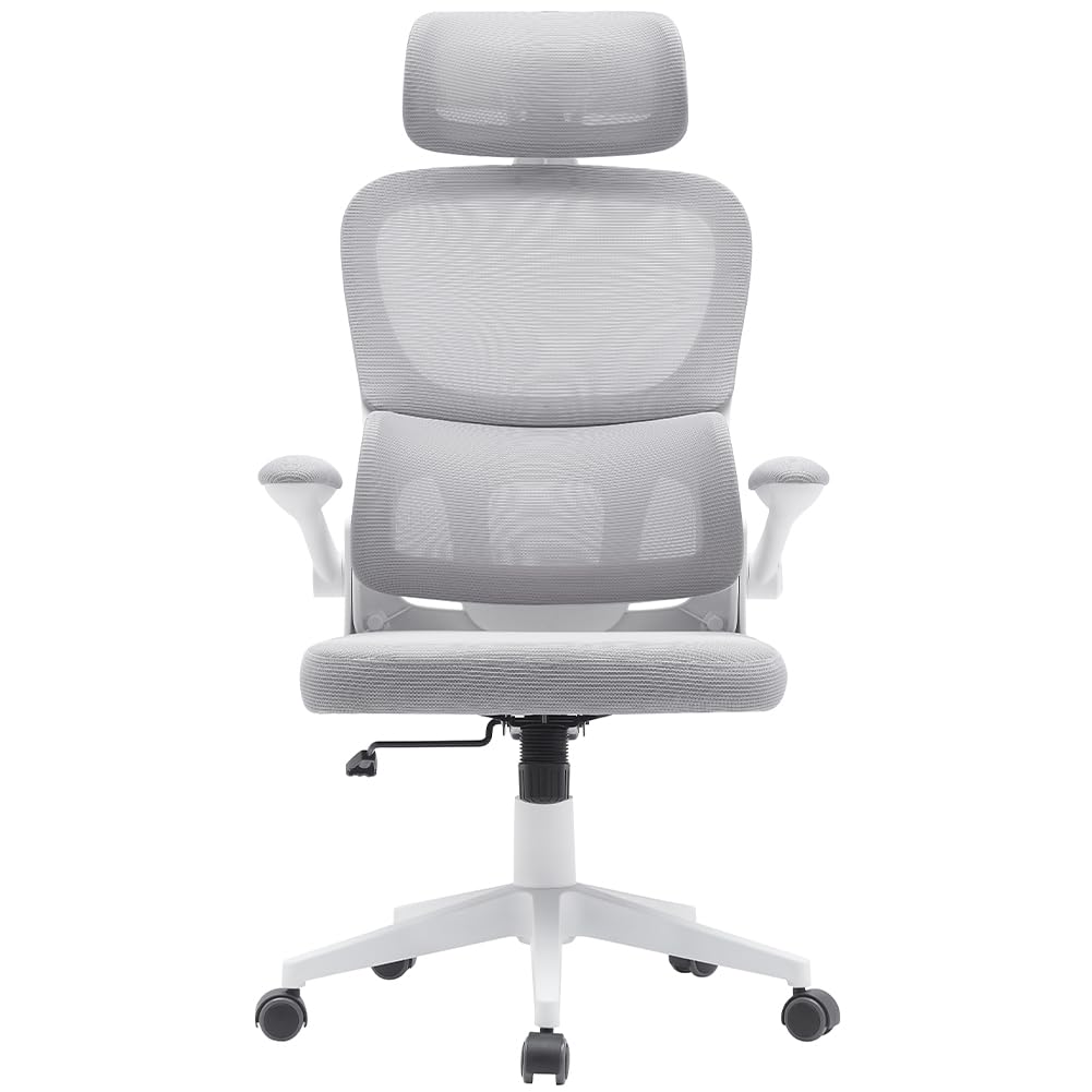 BAKAJI Sedia da Ufficio in Tessuto Ergonomica con Schienale Supporto Lombare e Poggiatesta, Poltrona da Scrivania Girevole, Altezza Regolabile Rivestimento Antisudore Traspirante (Grigio Chiaro)
