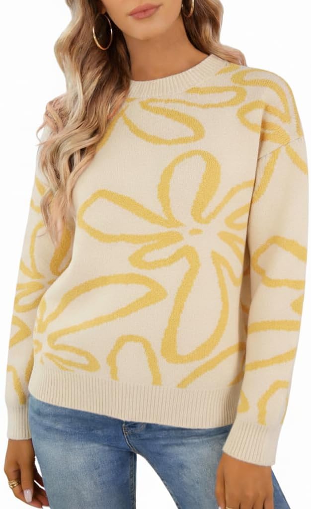 Women Cute Sweater Boho Floral Soft Chunky Knit Pullover Tops Fall Winter Trendy Outfit 2026 Y2k Aesthetic Clothes
