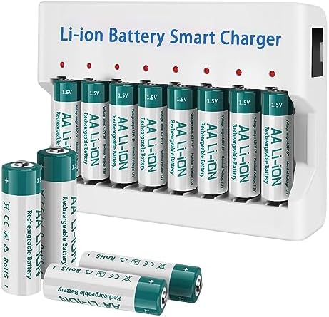 12 Pack Rechargeable 1.5V Lithium AA Batteries with Charger (8-Bay Independent Slot), Long Lasting Double A Size Battery 2600mWh for Xbox Controller, Blink Camera