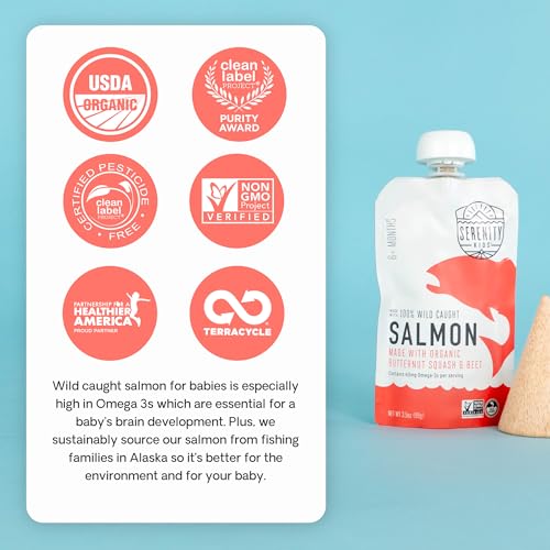 Image of Serenity Kids 6+ Months Baby Food Pouches Puree Made With Ethically Sourced Meats & Organic Veggies | 3.5 Ounce BPA-Free Pouch | Wild Caught Salmon, Butternut Squash, Beet | 1 Count (Pack of 3)