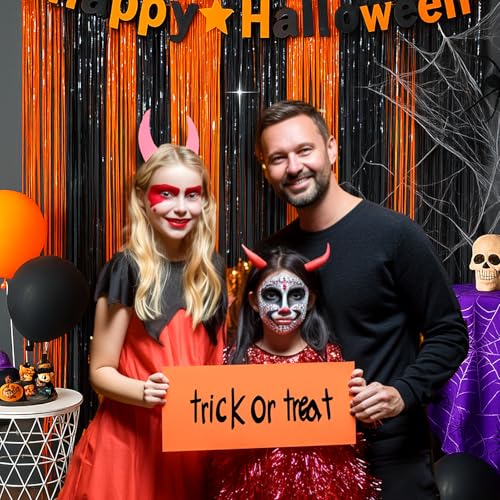 Image of 4 Packs Halloween Foil Fringe Curtain, Orange and Black Metallic Tinsel Backdrop for Birthday, Baby Shower, Bachelorette, Halloween Party Decorations Favors Supplies Indoor Outdoor