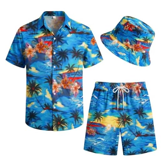 Apparlxer Hawaiian Shirt Men,Summer Funky Flower and Flamingo Hawaiian Shirts Set Funny Beach Hawaiian Short Sleeve Shirts with Shorts Bucket Hat, Beach Shirts for Men Women (Light Blue, XXL)