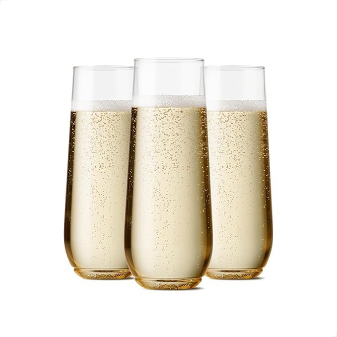 10 Pack Stemless Plastic Champagne Flutes 9oz Clear Gold Rim, Heavy Duty, Shatterproof, Disposable & Reusable Toasting Glasses Ideal for Wedding Party Birthday