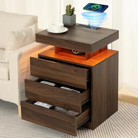 HOMMPA Rustic Brown Nightstand with Wireless Charging Station Walnut Wood LED Bedside Table with 3 Drawers End Table Smart Nightstand USB with Led Light Tall Night Stand with Open Shelf for Bedroom Cover