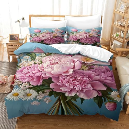 Housse de couette rose 3D Super King 260x220cm avec 2 taies d'oreiller fleuries