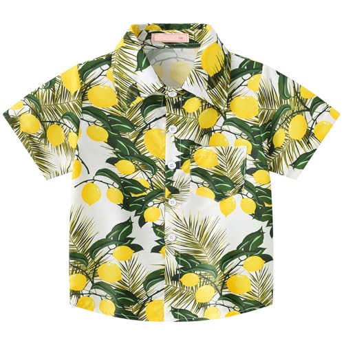 Amur Leopard Kinder Jungen Kurzarm Hawaii Hemd Bedruckte Hemden mit Einreihig und Reverskragen für Sommer Urlaub Strände, Gelbe Zitrone, 122-128 (Etikettengröße: 130)