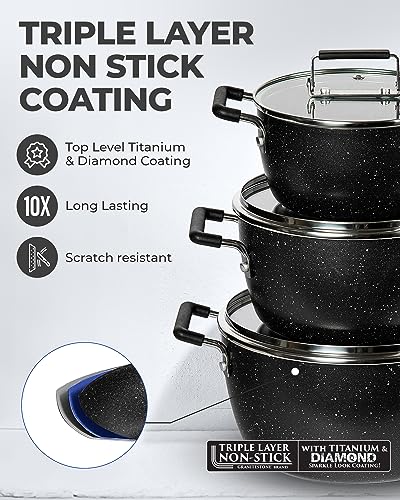Granitestone Black Pots and Pans Set Nonstick, 6 Stackable Piece Cooking Pots Set, Kitchen Pots, Non Stick Coating, 5qt 3qt & 1.5qt Pots with Lids, Stay Cool Handles Dishwasher Safe 100% Toxin Free