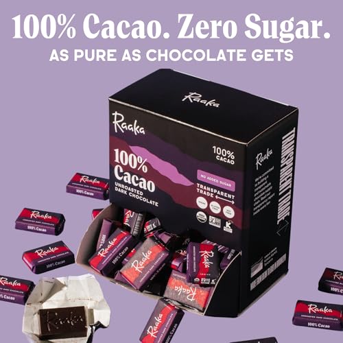 Raaka Chocolate Mini Bars, 100% Cacao, Organic, Kosher, Vegan, Gluten Free, Fair Trade, Soy Free, Non GMO, Paleo, Box of 100 Bite-Size Chocolates