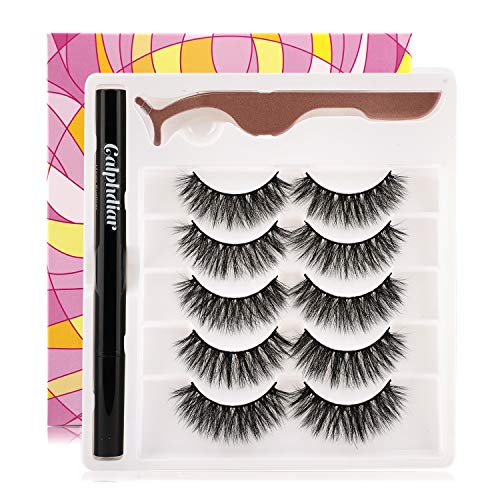 False Eyelashes with Eyeliner, Upgrade Self-Adhesive Eyeliner and Lashes System, Reusable Dramatic Eyelashes 5 Pairs, No Magnets Needed and Glue Free