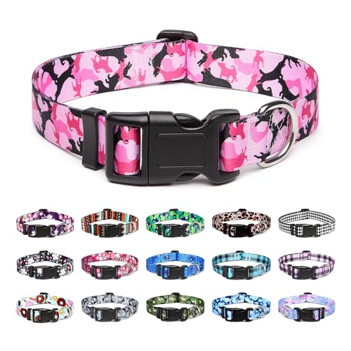 Mercano Collar para Perros Ajustable y Resistente - Patrones de Diseño Especial, Cómodo Nylon Suave para Perros Pequeños Medianos Grandes (M, Camuflaje Rosa)