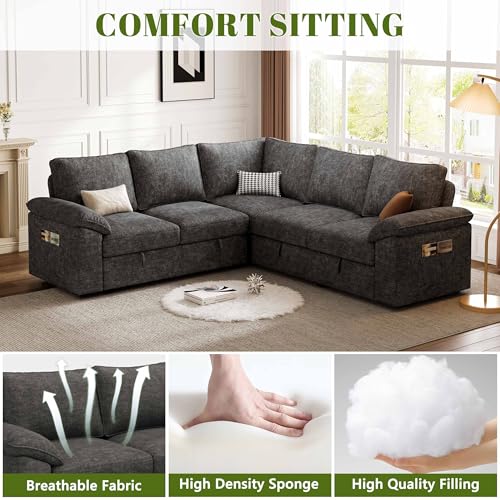 Image of 85 Inch Modular Sectional Sofa with Pull Out Bed,L Shaped 5 Seat Sectional Sleeper Sofa with Storage,Sectional Couches for Living Room,Cloud Modular Couch,Removable Sofa Cover, Dark Grey