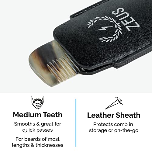 Zeus Natural Horn Beard Comb W/Leather Sheath, Handmade Saw-Cut Comb, Rounded Tips, Smooth Glide, Anti-Static, Horn Comb #TOP2