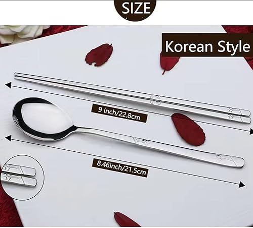 Miniatura 6 de YAPULLYA Juego de palillos y cucharas de metal coreano, reutilizables, de acero inoxidable, con mano larga, juego de 3 (trébol de la suerte)