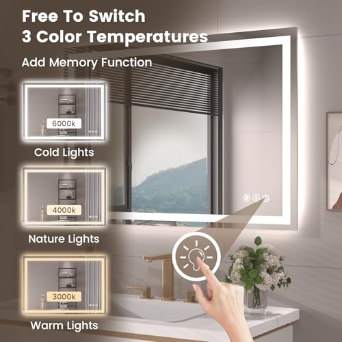 40"X30" LED Bathroom Mirror with Front Lights and Backlit, Anti-Fog, Dimmable, Shatter-Proof Tempered Glass, Lighted Bathroom Vanity Mirror for Wall with 3 Colors, Memory Function