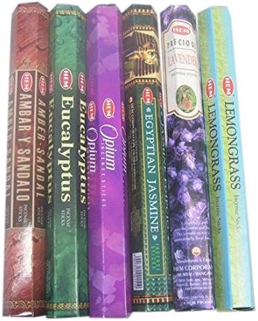 HEM assorted best sellers incense sticks pack of 6 - 120 Sticks, Fragrance - Lemongrass, Lavender, Egyptian Jasmine, Ambar Sandalo, Eucalyptus