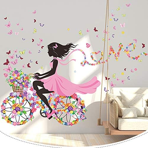 Flower Girl Riding Bicycle with Butterfly & Flower Wall Decals for Girls Bedroom, Romantic Lovely Flowers Butterflies Girl Wallpaper Mural, DIY Wall Art Stickers Decor Home Decorations (A)