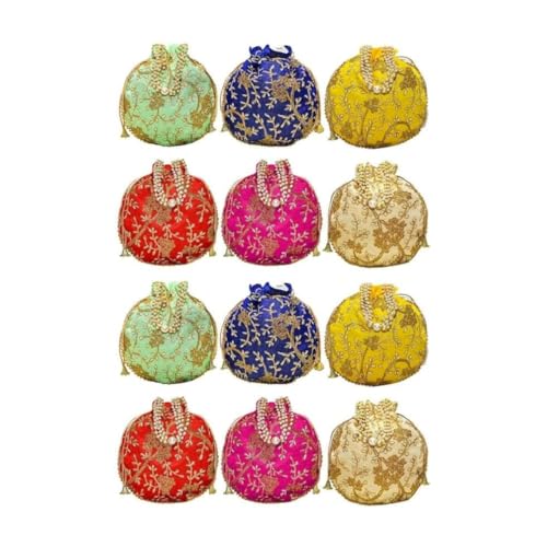 Image of AT Ankit Traders Embroidered Floral Design Potli Bag with Moti Handle Pack of 12 | Bridal Purse, Shagun Pouch & Return Gift for Women | Ideal for Lohri, Makar Sankranti & Pongal, Seemantham
