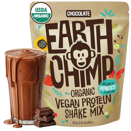 Image of EarthChimp Organic Vegan Protein Powder - with Probiotics - Non GMO, Dairy Free, Non Whey, Plant Based Protein Powder for Women and Men, Gluten Free - 26 Servings 32 Oz (Chocolate)