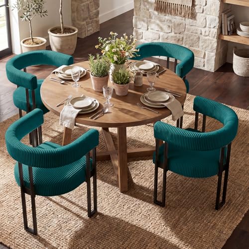 Image of Modern Corduroy Dining Chairs Set of 4 with Metal Legs,Comfy Accent Dining Room Chairs Upholstered Kitchen Side Chairs with Curved Backrest for Dining Room Kitchen Living Room (Teal,4)