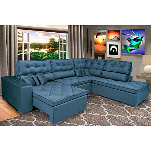 Sofa de Canto Retrátil e Reclinável com Molas Cama Inbox Platinum 3,40x2,36 Tecido Suede Azul
