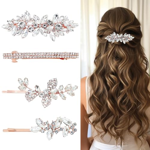 4 Pieces Rhinestone Hair Clips Leaf Wedding Hair Pins Crystal Bobby Pins Bridal Hairpin Barrette for Brides Bridesmaids Flower Girls (Rose Gold)