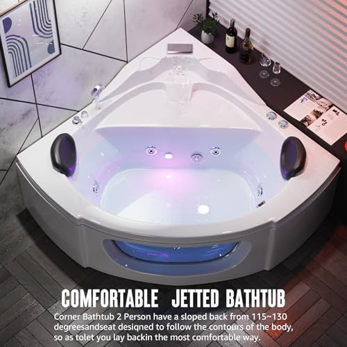 Corner Jetted Bathtub 2 Waterproof Pillows Light Waterfall Faucet,59\'\' Soaking Tub Hydro-Massage Delight for Home SPA Relaxing,3-Sided Skirt,Acrylic,White