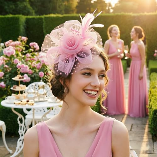 Image of DRESHOW Fascinators Hat Flower Mesh Ribbons Feathers on a Headband and a Clip Tea Party Headwear for Girls and Women