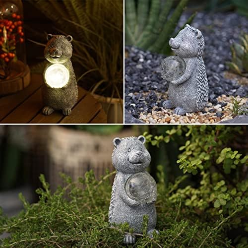 Goodeco Hedgehog Garden Ornaments with Solar Powered LED Lights, Garden Hedgehogs statue With Gazing solar Ball Hedgehog Decoration For Patio Lawn Yard Decor Gifts for Women/Mom Birthday Grey 19.5cm