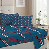 Allenjoy Full Size Blue Pattern Fitted Sheet Striped Candy Tubes Bed Flat Sheets Bedding Set Deep Pockets Up to 16' Bedroom Decor with 2 Pillowcases