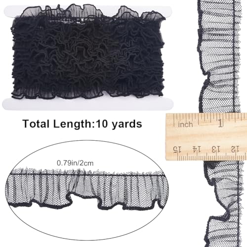 GORGECRAFT 10 Yards Pleated Lace Ribbon Fabric 2cm Wide Ruffled Mesh Edge Trim Embroidery Tulle Edging Trimmings DIY Crafts for Sewing Cuff Embellishments Home Curtain Decoration Black - Image 2