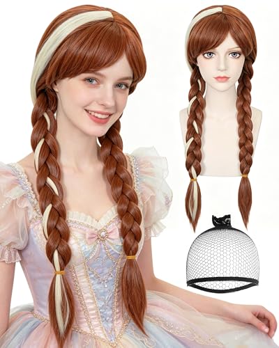JoneTing 27Inch Brown Braided Wig Princess Wigs for Adult Long Brown Wig With 2 Braids for Women Cosplay Peluca Browned Braided Cosplay Wigs for Halloween Party Outfits【+ Hair Cap】