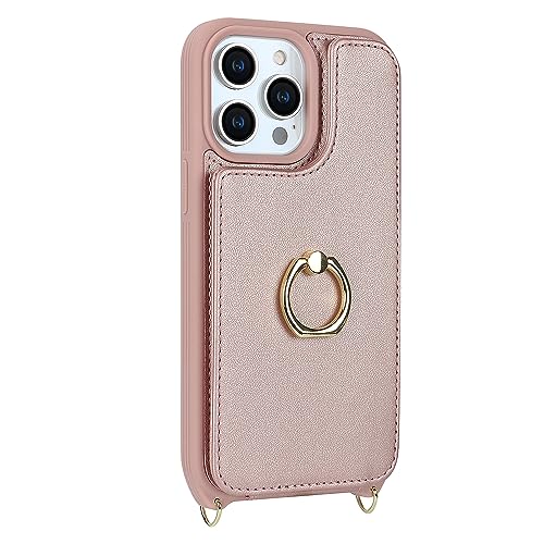 Image of for iPhone 13 Pro Case with Card Holder and Strap for Women,Crossbody Lanyard,RFID Blocking,Kickstand Ring Stand,Snap Clasp,Phone Wallet Cases 6.1 inch(Rose Gold)
