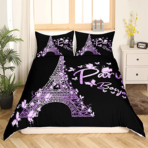 Feelyou Paris Eiffel Tower Duvet Cover Girly Lavender Purple Bedding Set For Kids Boys Girls Butterfly Comforter Cover Famous City Scene Decor Bedspread Cover Room 3Pcs Full Size,Zipper #TOP2