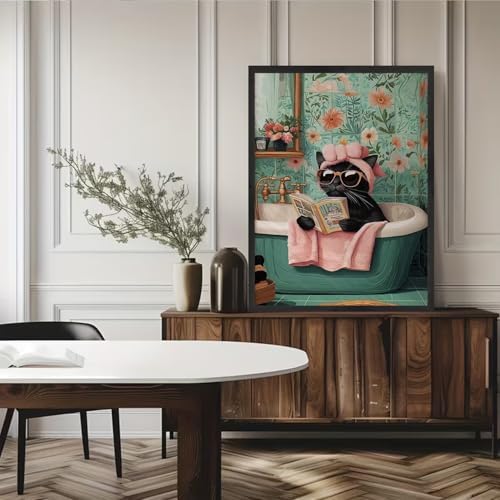 NWQZBYHT Black Cat 성인용 다이아몬드 아트 키트, 초보자용 꽃 5D 다이아몬드 페인팅 키트, DIY 라운드 풀 드릴 다이아몬드 도트 페인팅 보석 아트 키트 성인용 그림 공예 홈 벽 장식 30.5 x 40.6cm(12 x 16인치) — 사진 3
