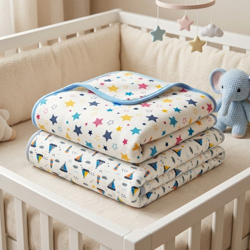Image of Tinylane 100% Cotton Baby Blanket Cum Comforter, All Season Baby Blankets Newborn, Baby Blanket for 0-2 Years, Blanket for Newborn Baby, New Born Baby Essentials, Pack of 2 | (Boat & Star Print)