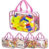 Toy Zippered Blocks Set Storage Bags for Kids - 4PC Large PVC Storage Organizer Bags with Mesh Side Pockets for Puzzle, Clay, Book, Small Models and Mini Plush Toys. 30x23x6.6 (Pink)