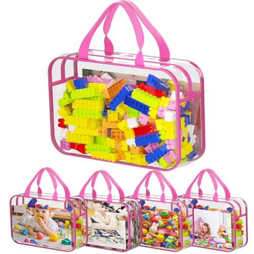 Toy Zippered Blocks Set Storage Bags for Kids - 4PC Large PVC Storage Organizer Bags with Mesh Side Pockets for Puzzle, Clay, Book, Small Models and Mini Plush Toys. 30x23x6.6 (Pink)
