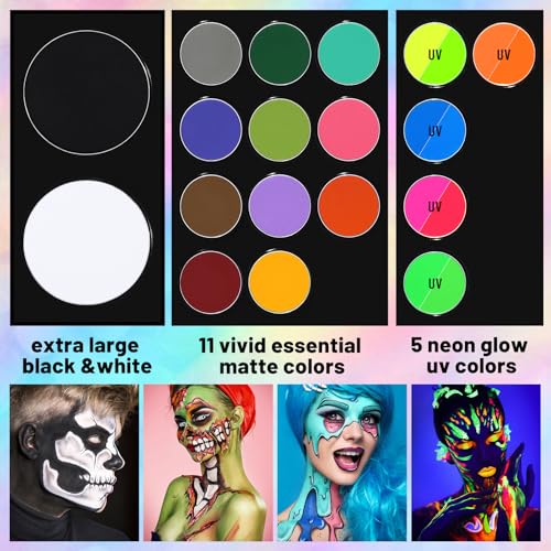 Image of UCANBE Face Body Paint 18 Colors, Water Based Face Painting Kit with Large White Black & Neon Glow UV Facepaint SFX Makeup Palette for Halloween Party Costume Cosplay & Stage Art Make Up