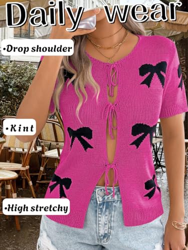 Women 2000S Bow Knit Cardigan Sweaters, Short Sleeve Tie Front Lightweight Crochet Top, Summer Going Out Date Outfits4