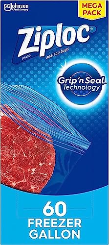 Ziploc Gallon Food Storage Freezer Bags, Grip 'n Seal Technology for Easier Grip, Open, and Close, 60 Count