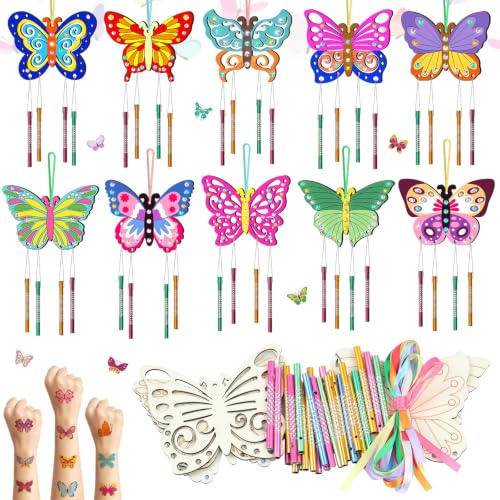 Nourdom 10tlg Schmetterling Windspiel Bastelset Kinder Holz Schmetterling Klangspiele Set kindergeburtstag Klangspiele Holzbastelsets Deko Garten Kreative für Jungen Mädchen