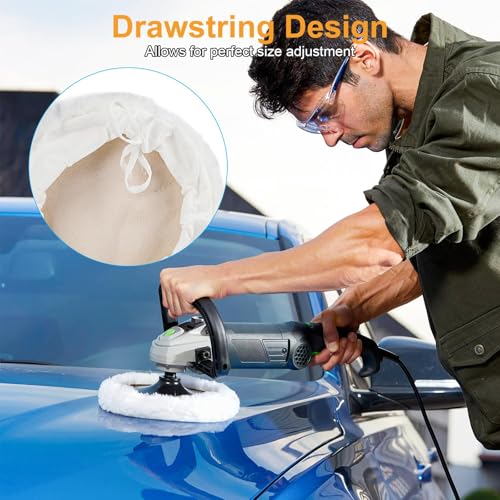 Linkstyle 6 Stück 7 Zoll Polierpads, Polierhaube 180mm Buffing Lammwolle Polieraufsatz Akkuschrauber Pad, Kordelzug-Design Polieraufsatz für Auto, Möbel, Glas