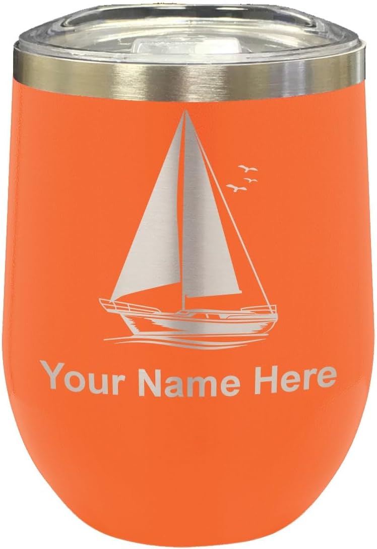 LaserGram 16oz Double Wall Stainless Steel Wine Glass Tumbler, Sailboat, Personalized Engraving Included (Black)