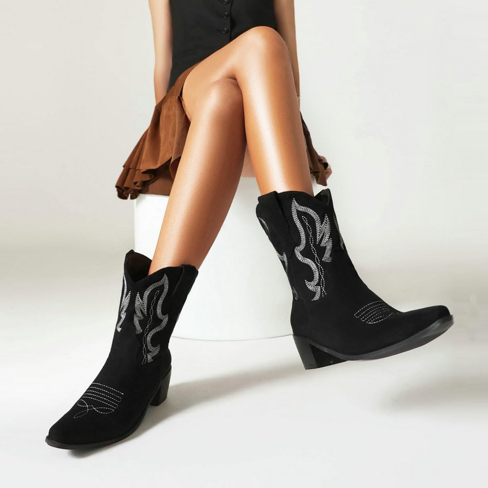 KOKOMOMO Suede Embroidered Cowgirl Ankle Boots Stacked Chunky Low Heel Short Cowboy Boots Pull On Western Boots