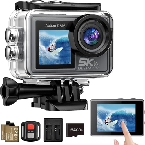 Ruycllo Action Cam 5K/4K, 50MP 30M/98FT Waterproof Underwater Camera with 64GB SD Card, IS, WiFi, 170° Ultra Wide Angle Action Camera - Ideal for Bike, Snorkelling, Motorcycle, Helmet Camera